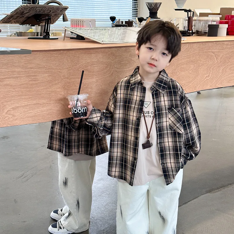 Spring Autumn baby shirts children fashion plaid long sleeve shirt boys turn-down collar loose cotton Tops