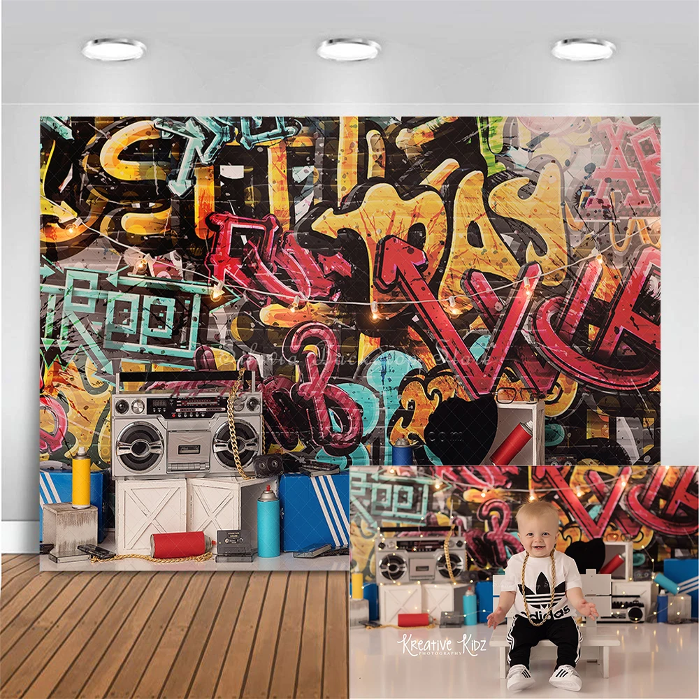 

Hip Hop Kids Birthday Photography Backdrops Colorful Graffiti Brick Wall Background Retro Music Rock Party Banner Studio Props