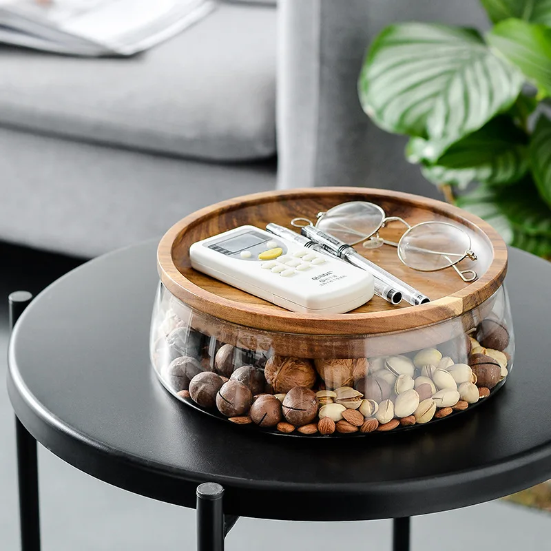 Acacia Wood Nut Fruit Plate Candy Bowl Household Living Room Coffee Table and Tray Double Layer Glass Storage Box