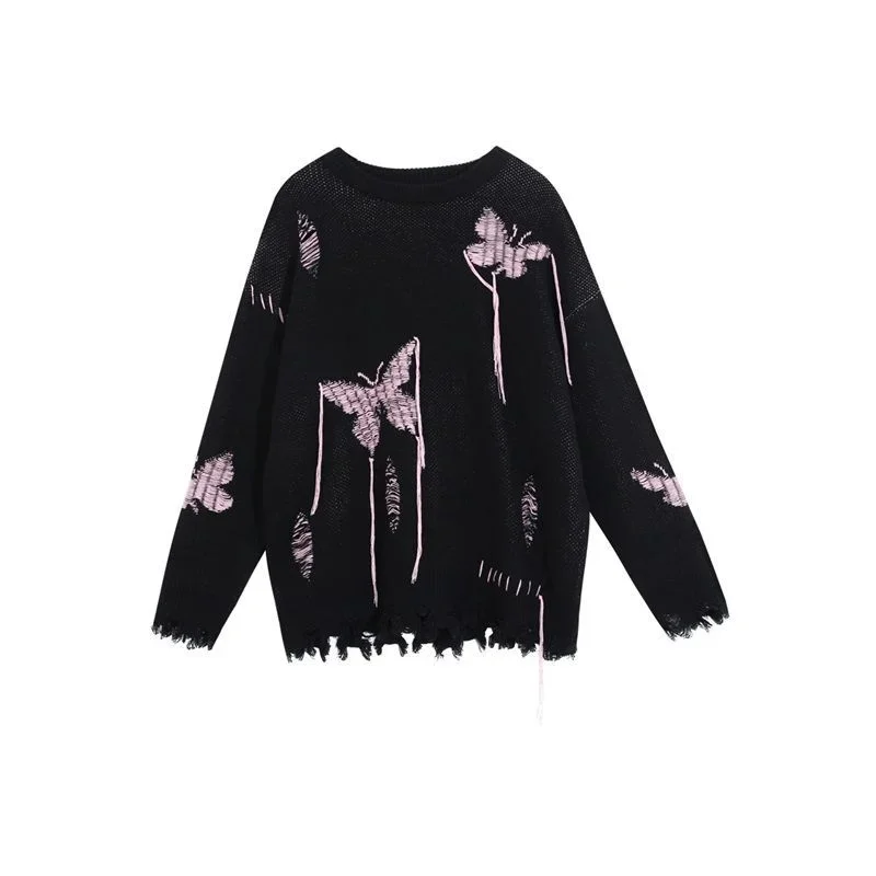 

Deeptown Y2k Women's Black Ripped Sweater Gothic Vintage Knitted Jumper Oversized Streetwear Knitwear Korean Fashion Goth Punk