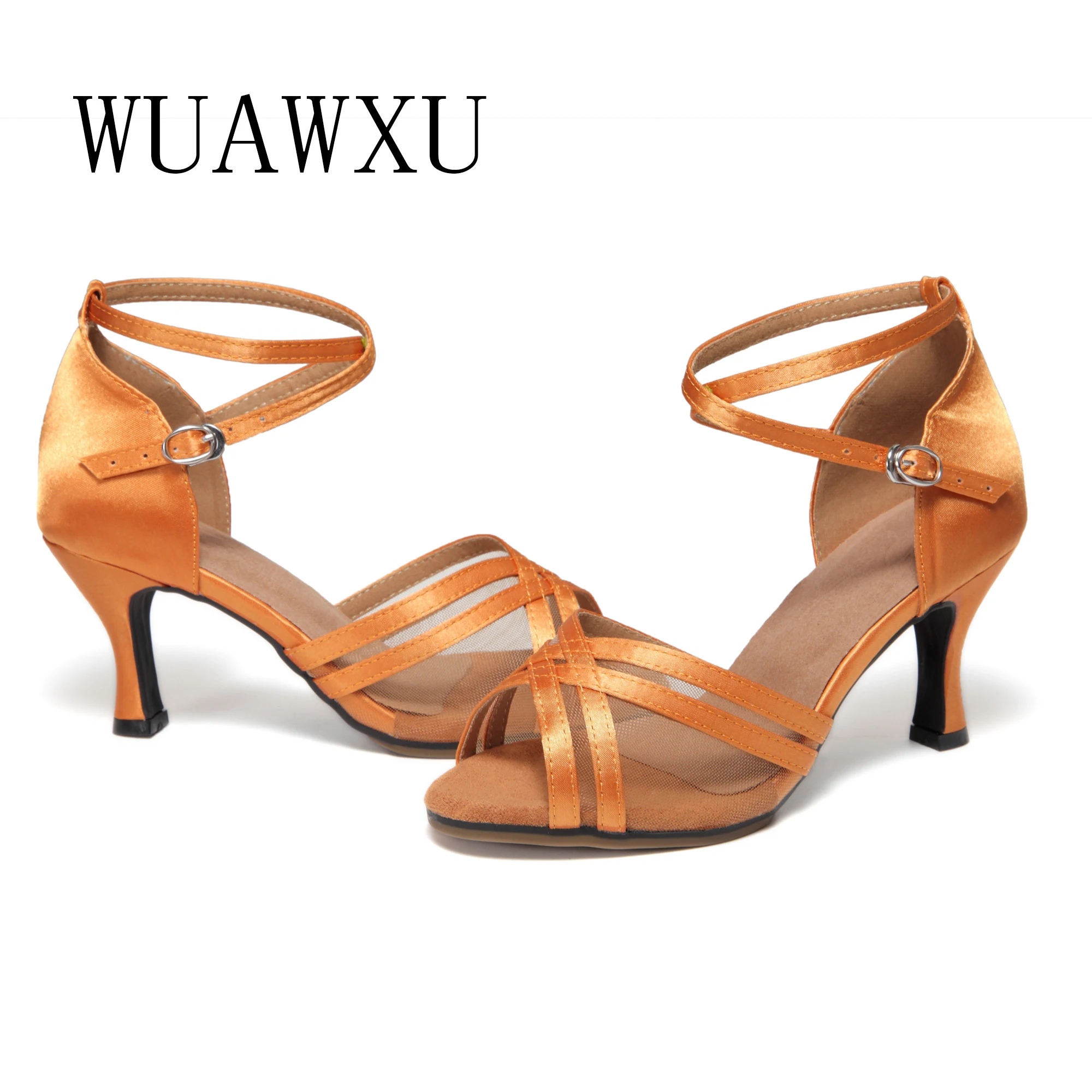 NATASHA Women's Latin Dance Shoes Women's Adult Satin Mesh Orange 7.5cm Medium High Heel Dance Shoes Soft Sole Dance Shoes Natio