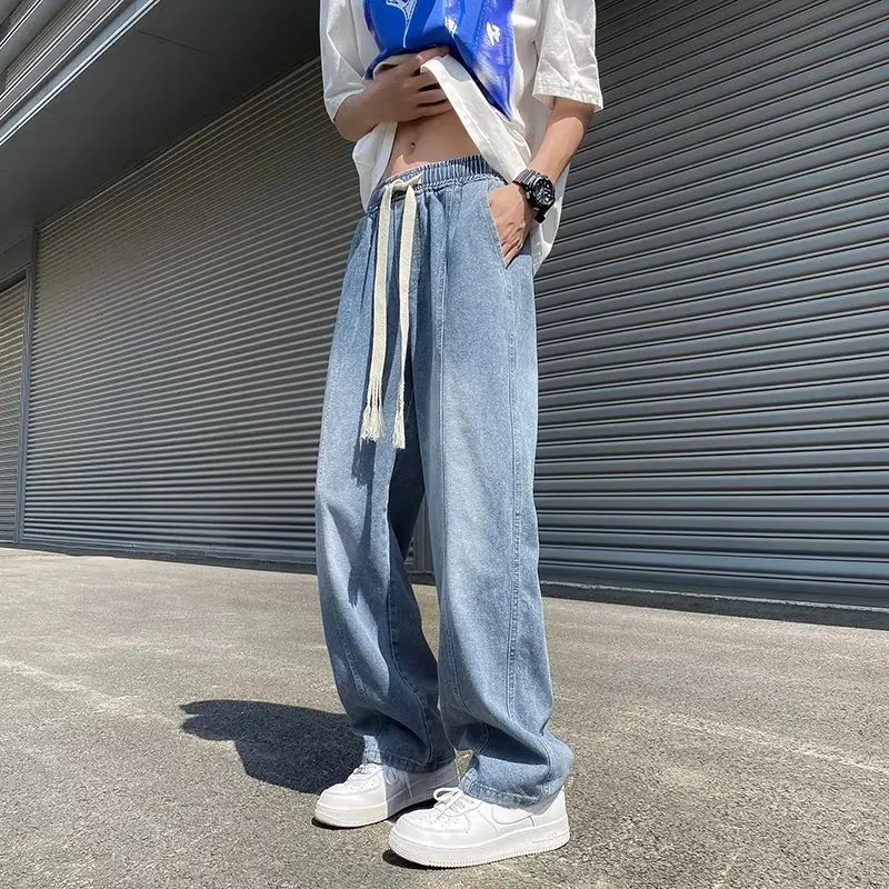 Men Fashion High Street Jeans Casual Harem Pants Letter Print Light Blue Sweatpants Trousers Drawstring Homens Jeans Denim Pants