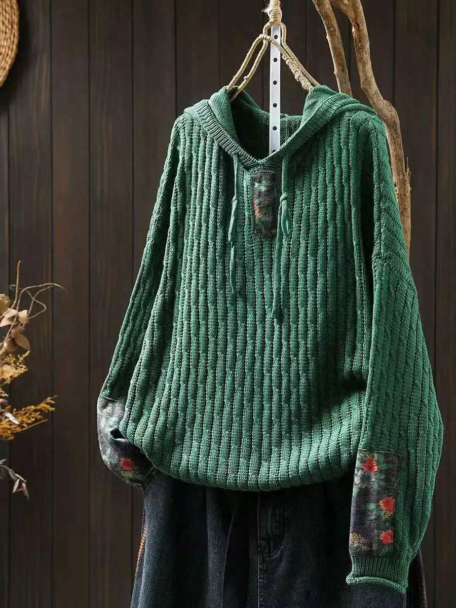 Floral Prrint Patchwork Vintage Style Women's Knitted Sweatshirt Autumn Fashion Long Sleeve Loose Casual Hoodie Female Pullovers