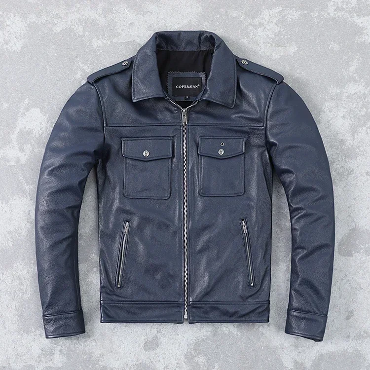 Description Picture 5 of item.2021 new fashion new cheap blue cowhide jacket.men short slim genuine leather coat.father casual leather cloth