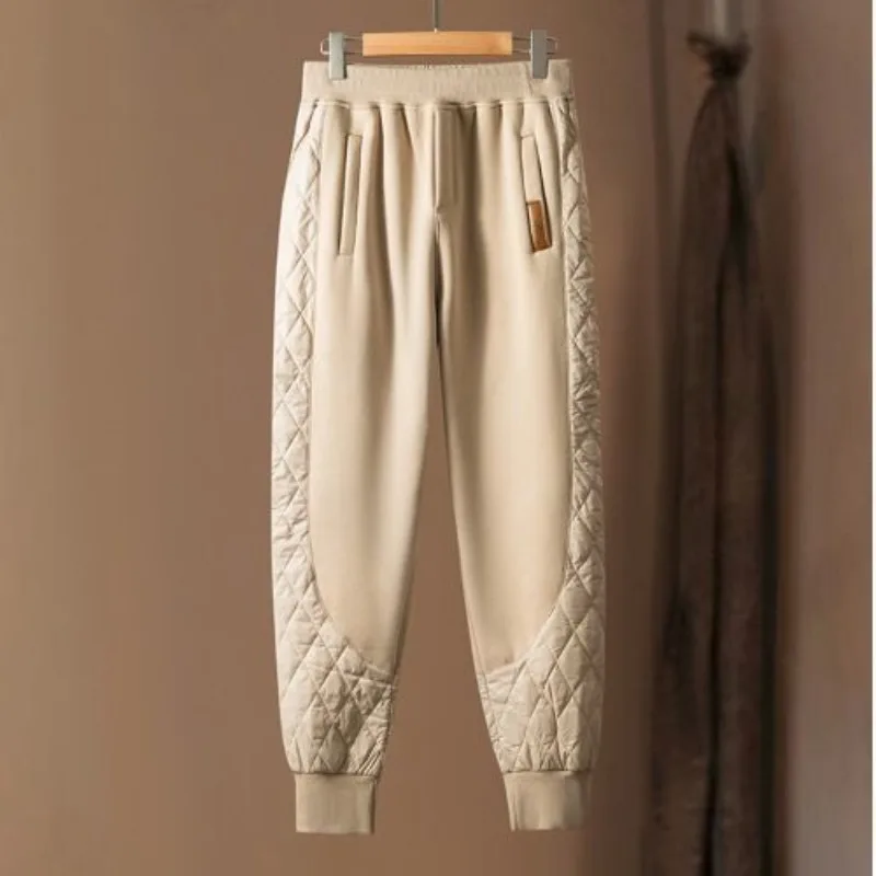 Autumn and Winter Women's Solid Color High Waist Elastic Spliced Thick Belted Harlan Commuter Loose Pockets Casual Cotton Pants