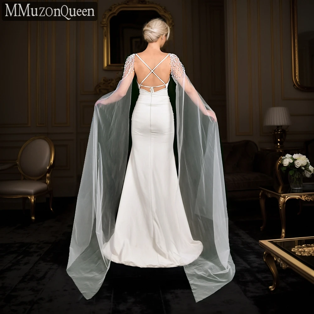 TOPQUEEN Luxuriöser Brautcape für Damen mit langer Schleppe und Perlenverzierung, einlagiger transparenter Netzschal MG42-L – Detail 5