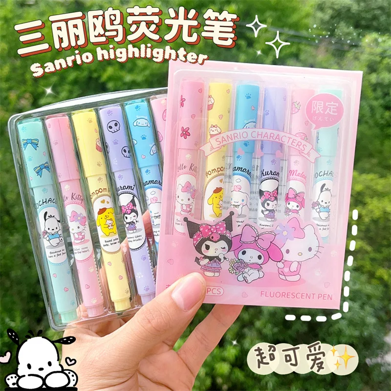 

6 Pcs Kawaii Sanrio Anime Marker Pen Cute Kuromi Cinnamoroll Kitty Fluorescent Pen Creative Stationery Originality Children Gift
