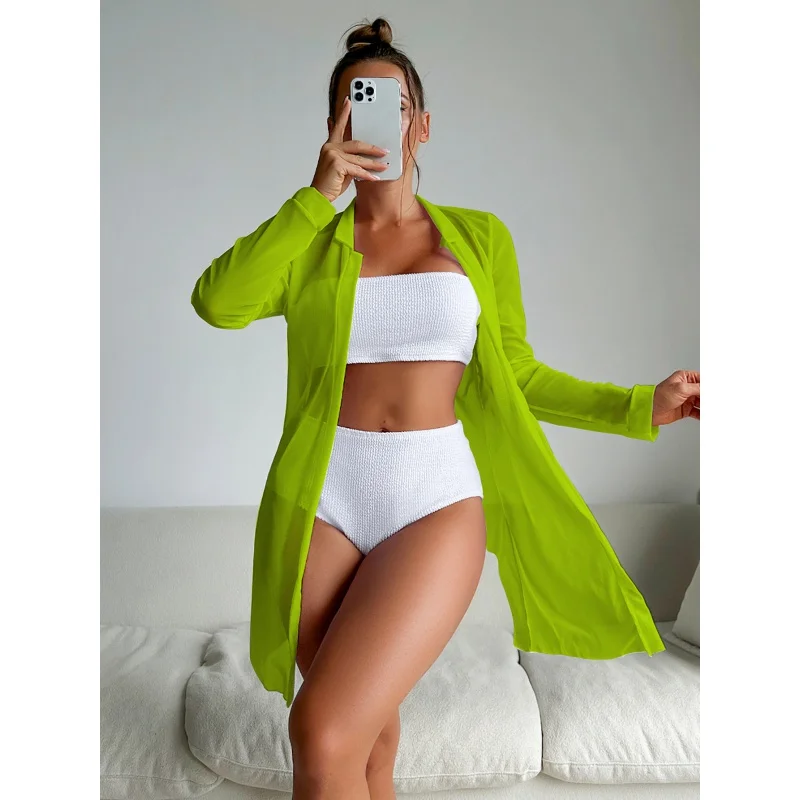 2024 New Swimsuit Women's Split High Waist Pure Color Bikini Internet Celebrity Blouse Ins Long Sleeve Swimsuit