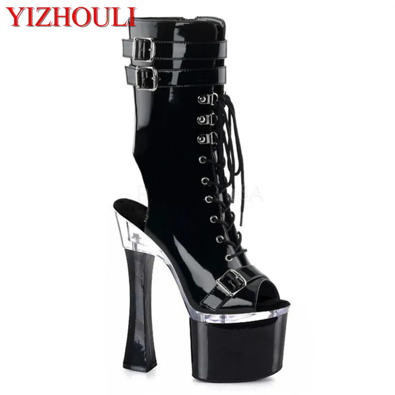 

High heels with 18cm square heels, stage fashion lacing fish mouth boots, model pole dancing, party dance shoes