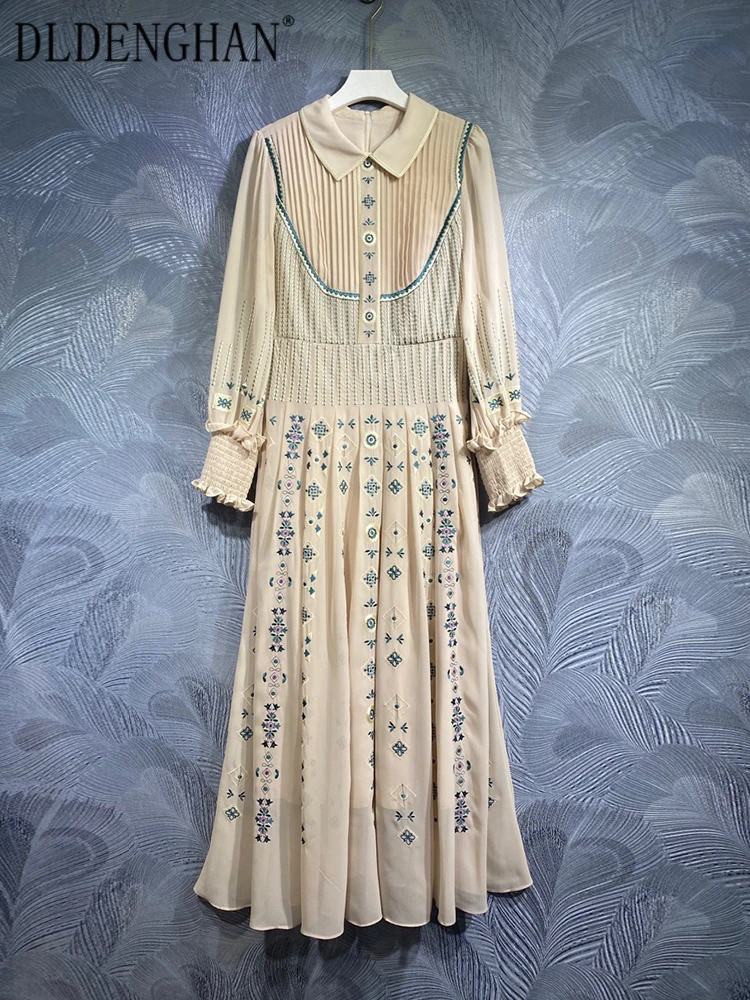 

DLDENGHAN Autumn Long Dress Women Turn-down Collar Lantern Sleeve Embroidery Elegant Party Dresses Fashion Designer New