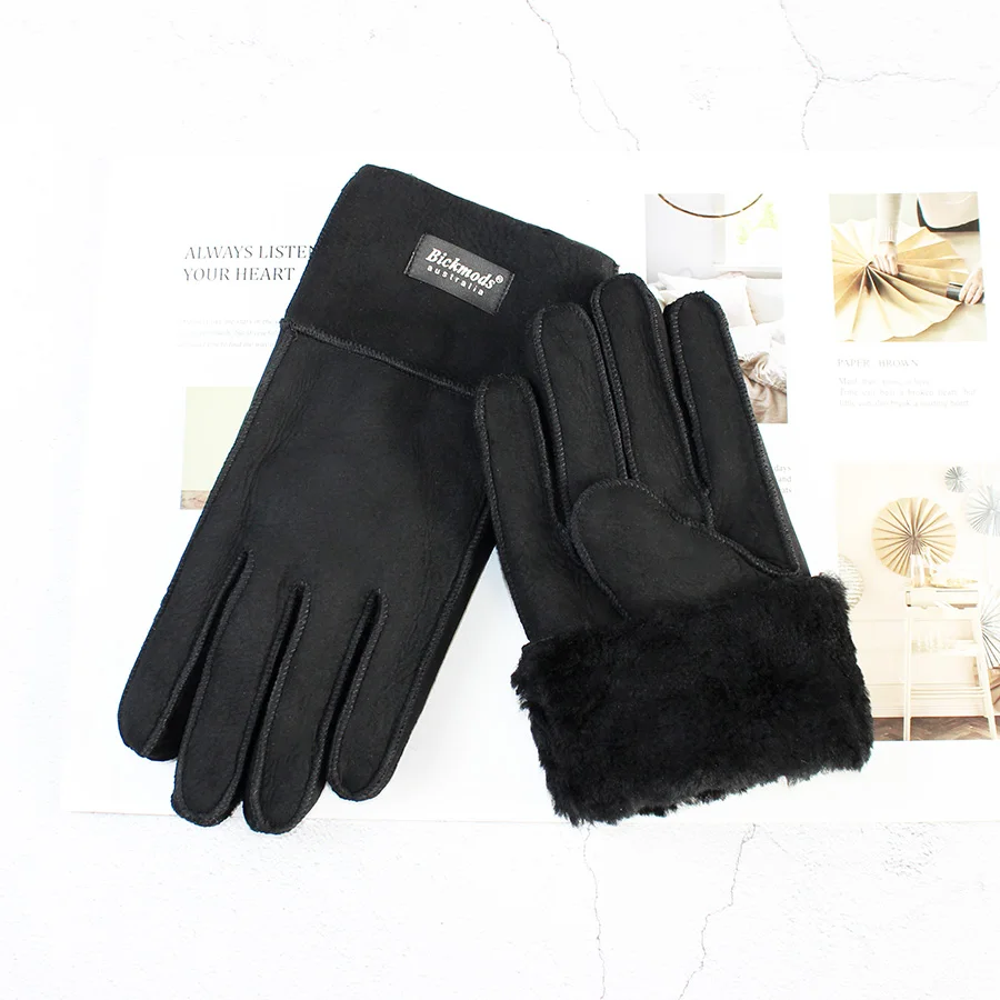 Winter Warm Sheepskin Fur Gloves Men's Thickened Windproof and Cold-Proof Outdoor Riding Sheep Leather Wool Finger Gloves