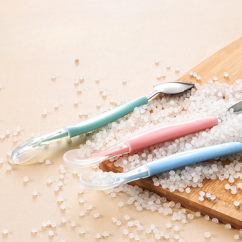 Baby Cutlery Stainless Steel Baby Cutlery Silicone Double Head Scraping Fruit Puree Spoon Complementary Food Spoon