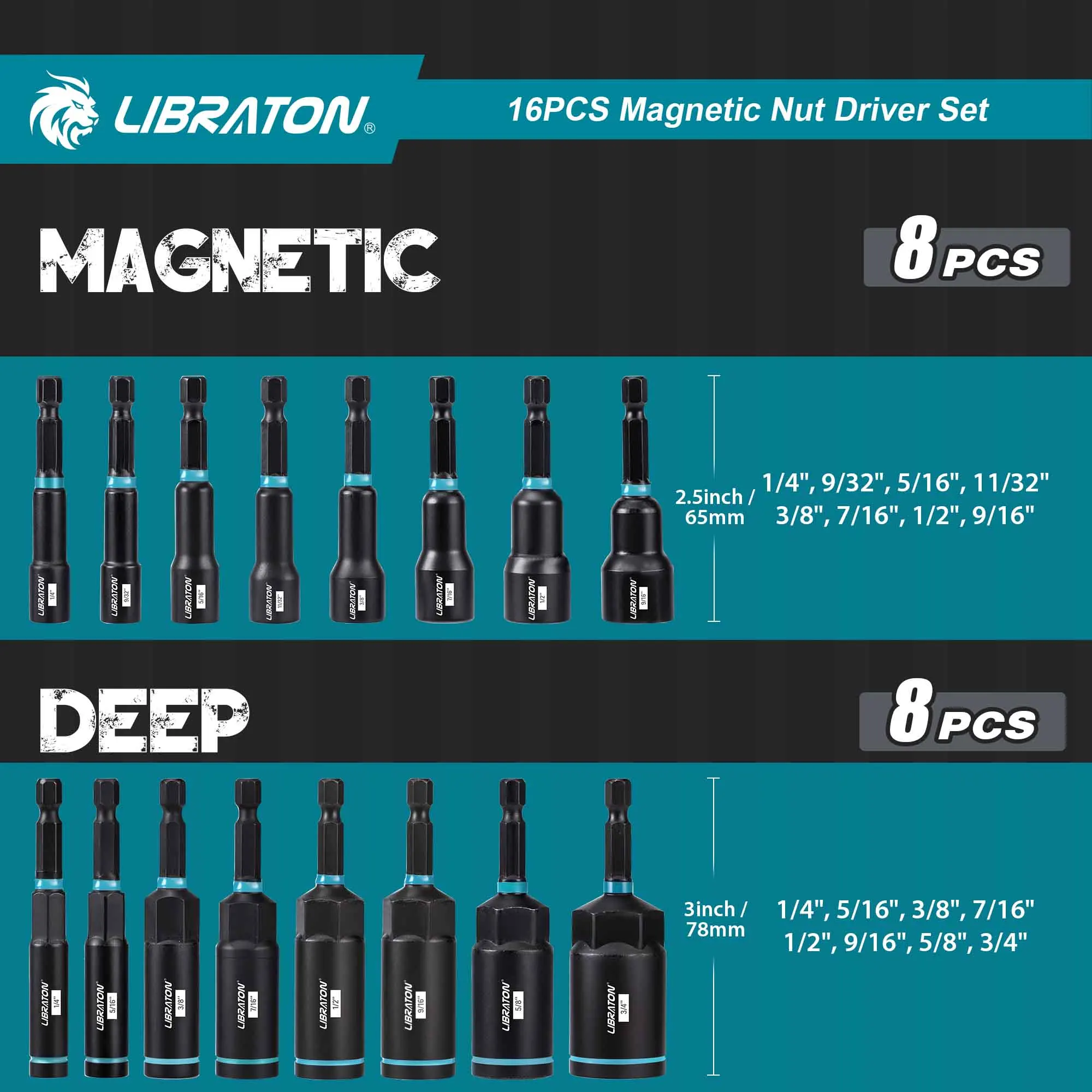 LIBRATON 16x Magnetic Nut Driver Set, SAE Nut Driver for Impact Drill, Deep Nut Driver Set, Impact Driver Bit Set for Car Repair 2