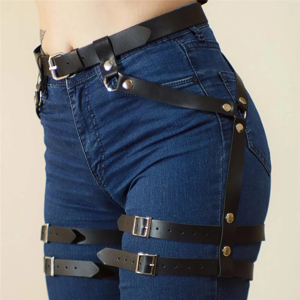 Harness for Women Sexy Leg Harness Suspenders Pu Leather Studded Decor Women Fetish Clothing Bondage Lingerie
