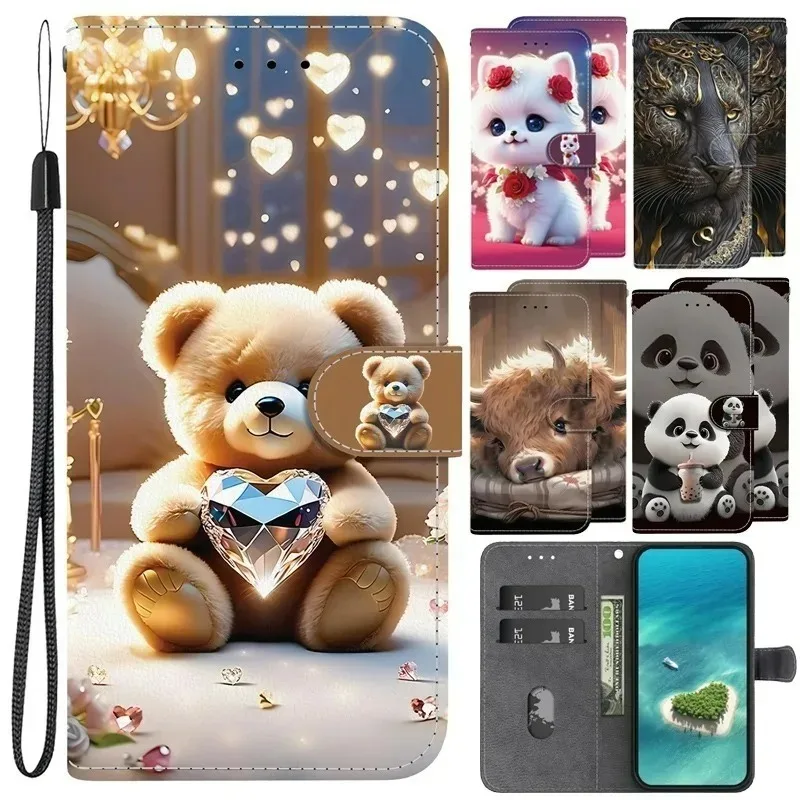Leather Phone Cover with Lion and Panda Design - Wallet Flip Case with Card Protection