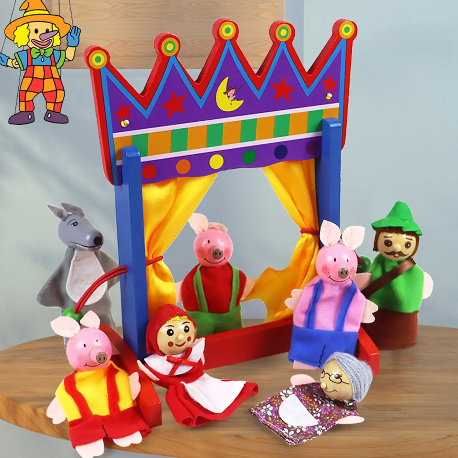 Mini Puppet Stand Set Entertainment Toys Wooden Plush Doll Gifts Party Favor