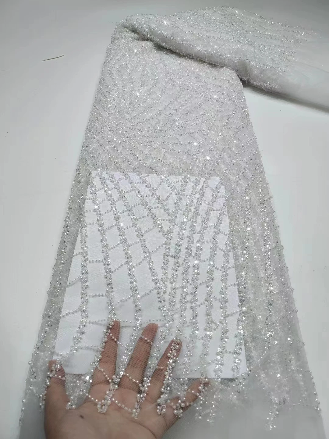 

White Nigerian Bead Tube Embroidery Lace Fabric 2023 High Quality African Sequin French Tulle Fabric For Women Dress Sewing