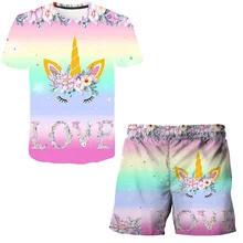 Unicorn Kids Sets Summer Girls Princess Cartoon 3D Print Lovely T Shirts + Short Pants 2 Pieces Casual Costumes Suits 4-14 Years