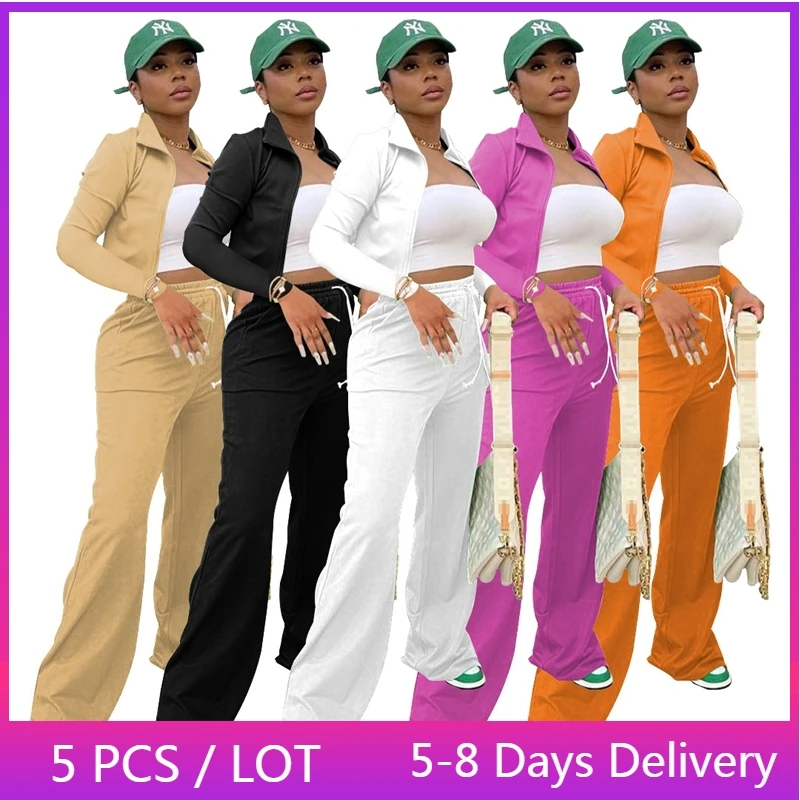 

Wholesale Items Casual Two Piece Set Fall 2022 Womens Fashion Long Sleeve Crop Top Wide Leg Pants Set Workout Tracksuit Women