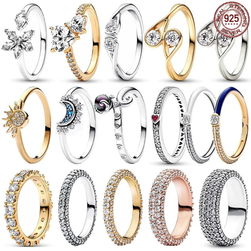 

PANDORA 925 Sterling Silver Brilliant All Zircon Ring Couple Style Sun Moon Ring Water Droplet Ring Charm Jewelry Gift