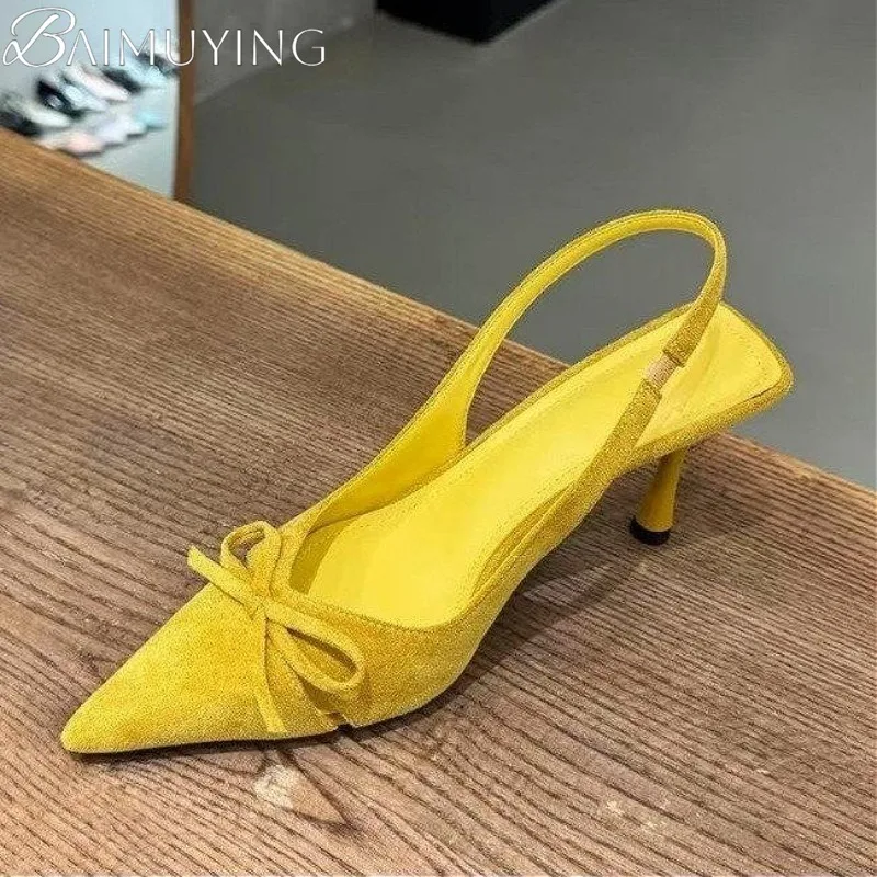 Leopard Sexy Pointed Toe High Heels Shoes Women Sandals Bow Slippers Slingback Summer Trend Dress Woman Brand Sandalias