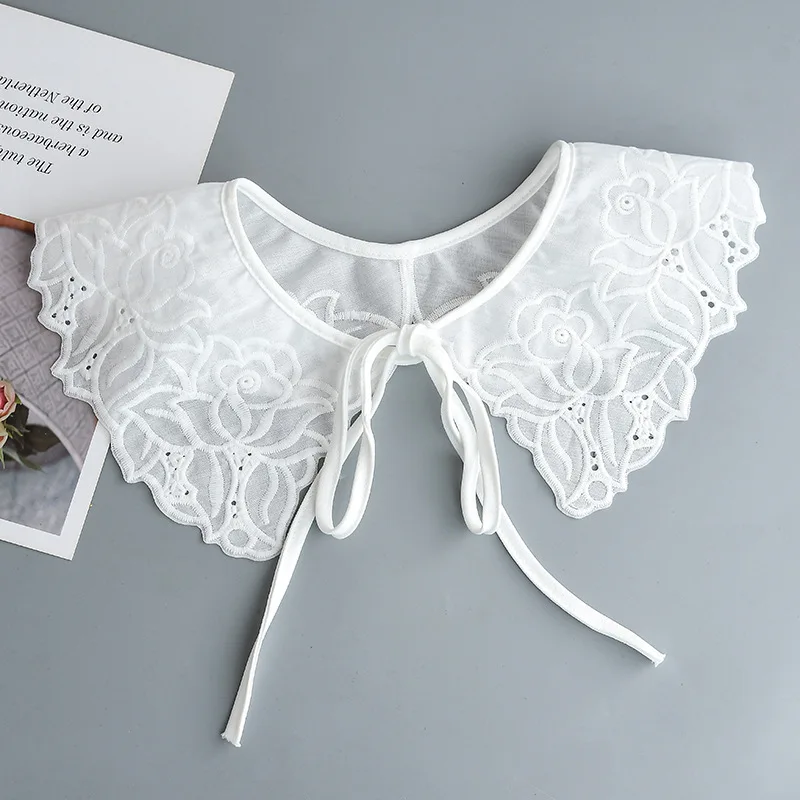 

Women White Embroidery Fake Collars Sweet Lapel Blouse Top False Detachable Collar Shirt Faux Cols Tie Clothes Accessories