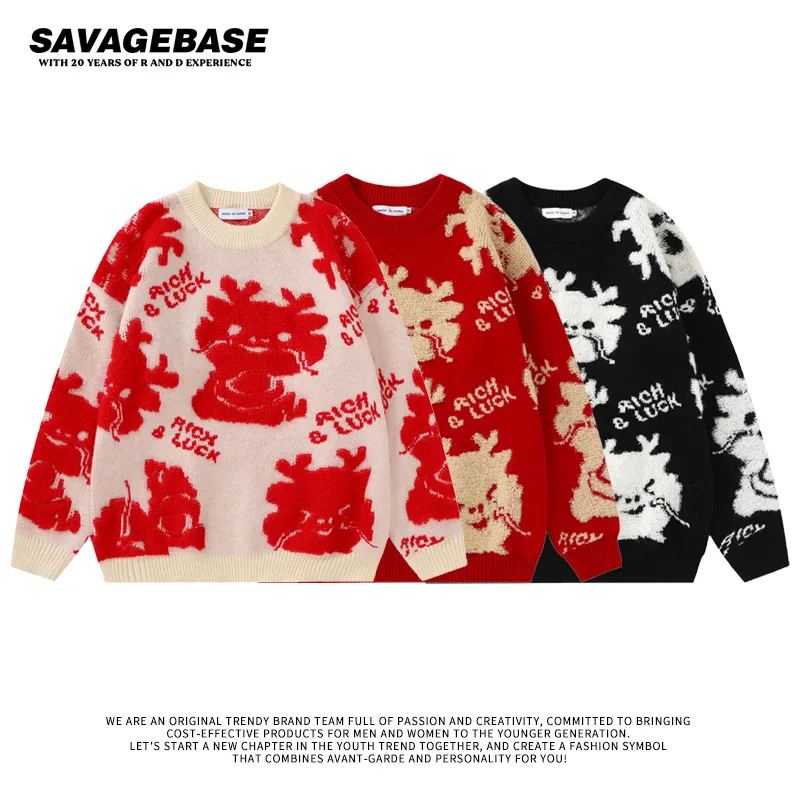 

Christmas Red Sweater Couple Cartoon Crew Neck Knit Men's and Women's