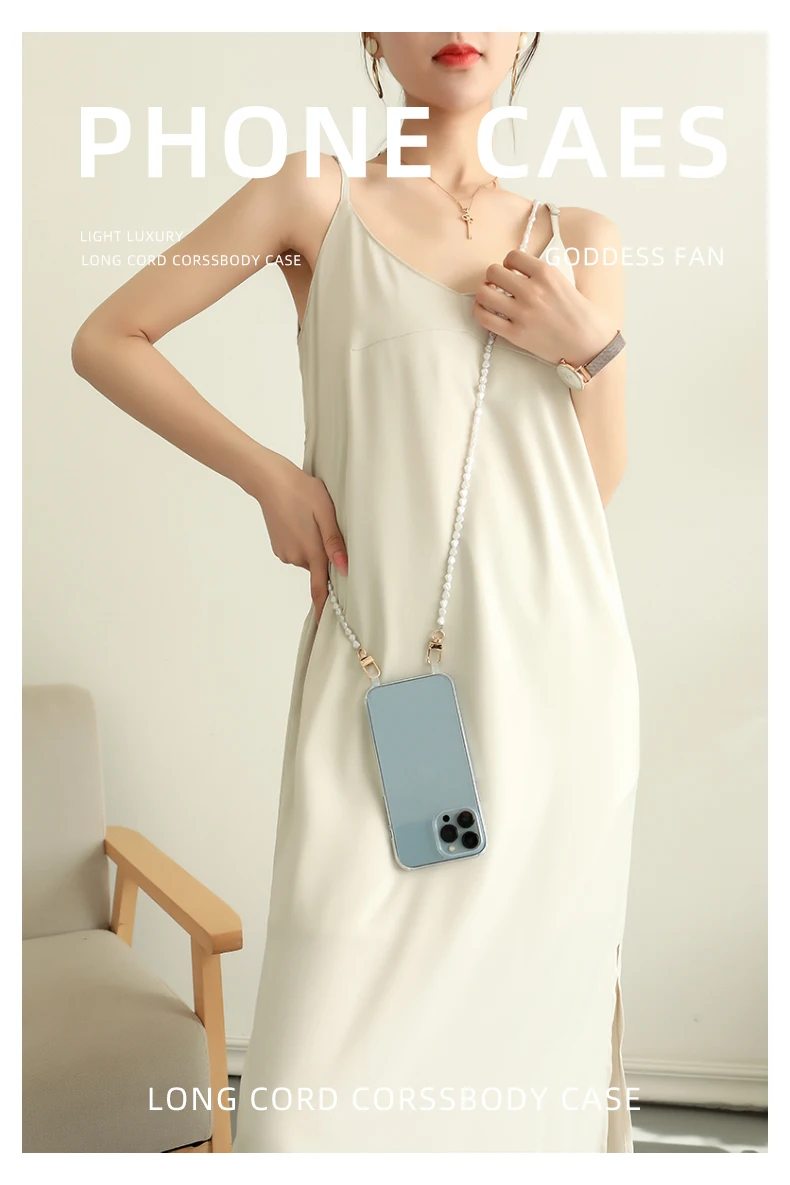 Luxury Acrossbody Pearl Lanyard Necklace Phone Case with Clear Acrylic Cover