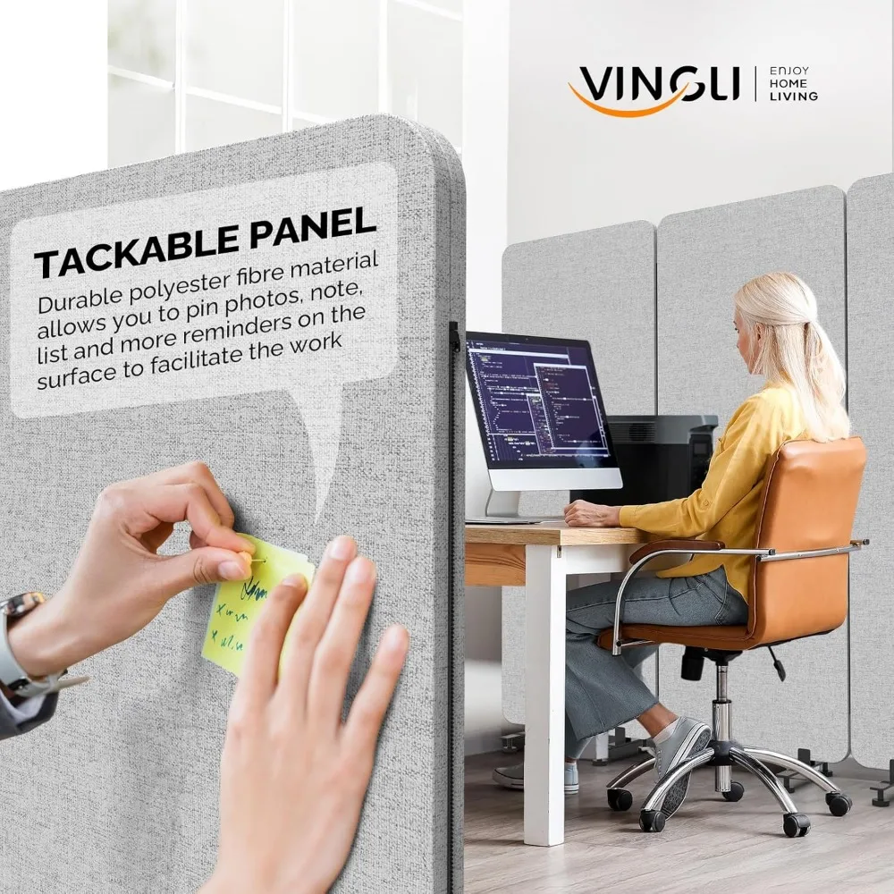 Room Divider Screen, Freestanding Privacy Partition Wall, Zipper Connected Panels with Wheels, Office Space Separator Light Gray 6