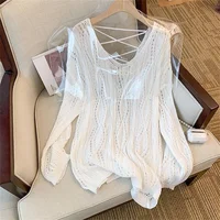 Sexy Hollow Out Women Sweater Loose Fashion V Neck Lace Up Knitted Tops Korean Fall Backless Female Blouse White Pullover Shirt 1