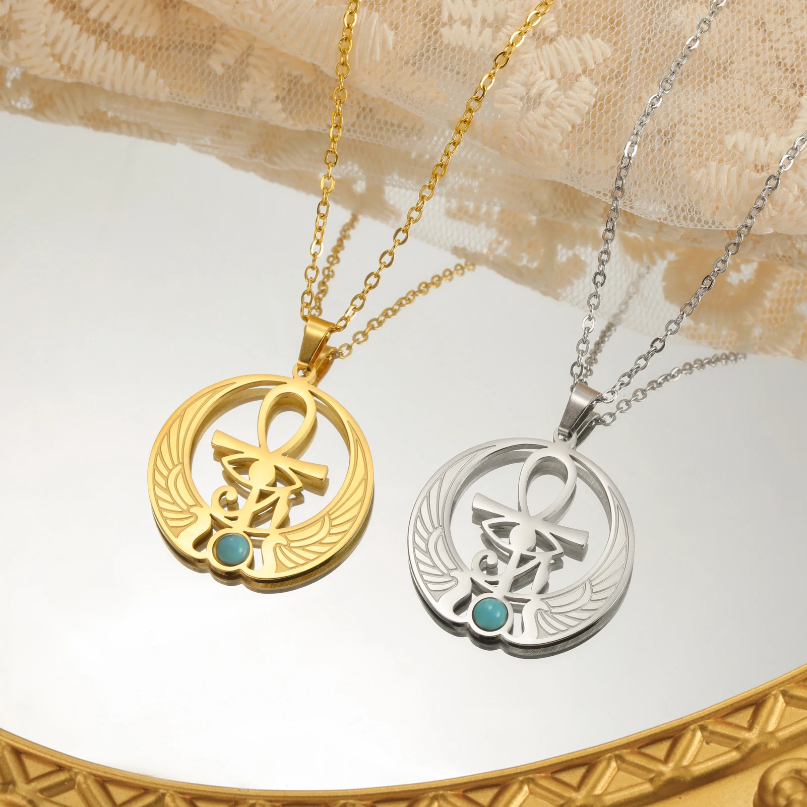 Ancient Egyptian Ankh Cross Necklace With Eye Of Horus - Stainless Steel Talisman Pendant & Bonus Bracelet