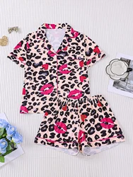 Leopard Print Red Lip Pajama Set - Short - Sleeved Cardigan with Breathable Shorts for Indoor & Outdoor Comfort (Beige)