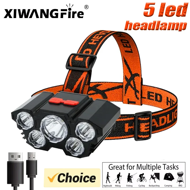 LED Headlamp LED Flashlight LED Headlight Rechargeable Flashlight Head Lamp 5 LED Headlamp Built in Battery Strong Light Type-C Rechargeable Outdoor Camping Fishing Adventure Head Flashlight