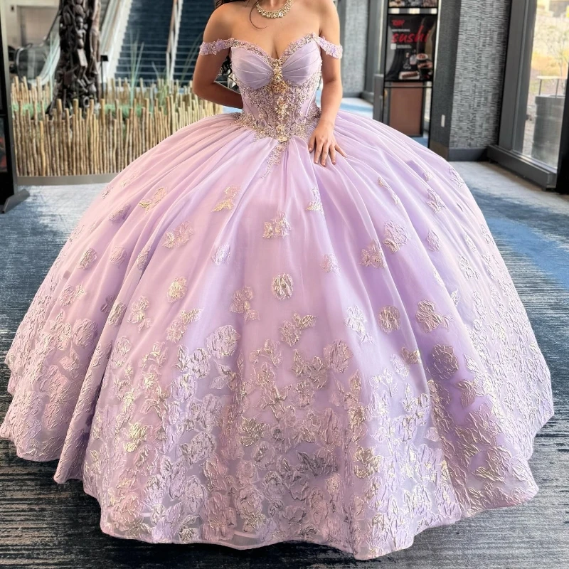 

Lavender Ball Gown Quinceanera Dress 2024 Appliques Lace Beads Tull Off Shoulder Sweet 15 16 Years Vestidos De XV Anos