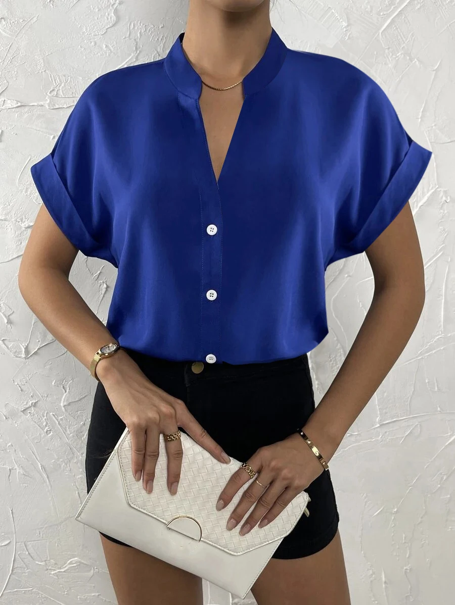 Casual V Neck Solid Shirt Blouse Office Lady Spring Summer