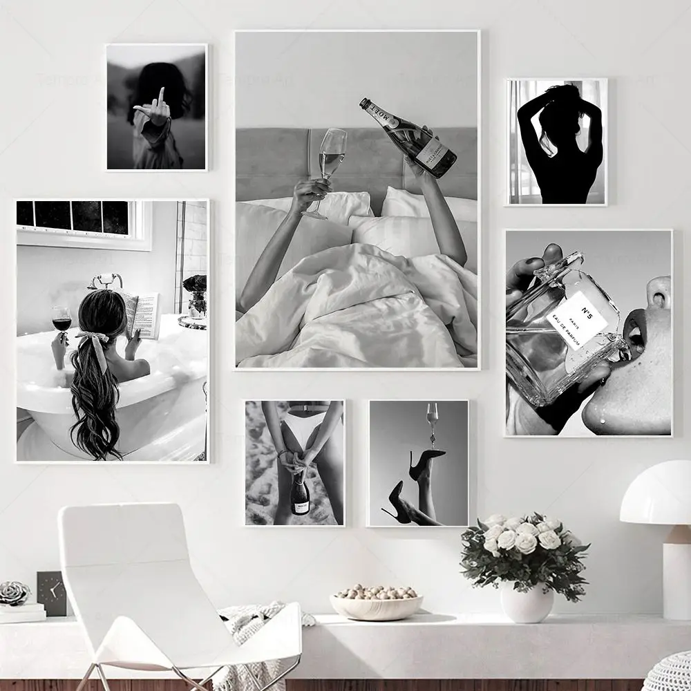 

Black and White Sexy Woman Drinking Wine Champagne High Heels Car Canvas Poster Vintage Feminist Photography Picture Home Decor