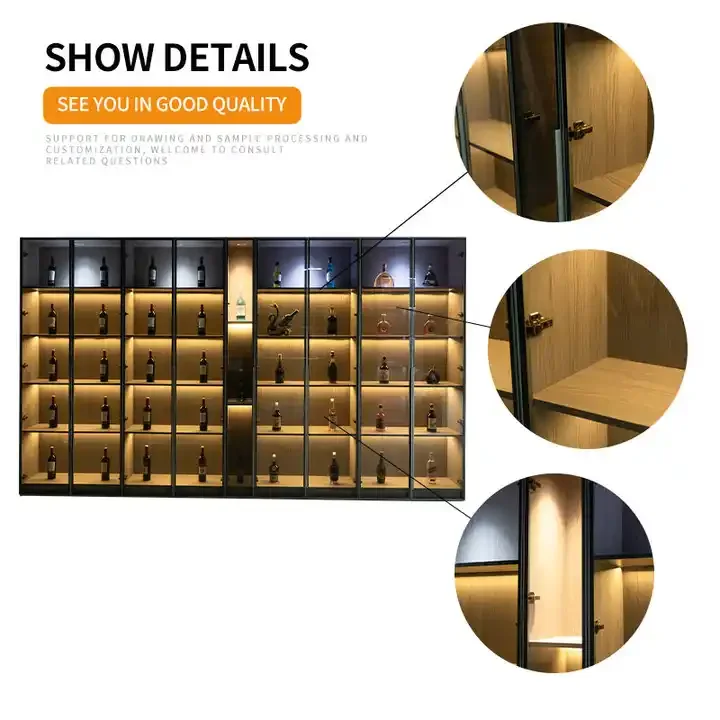 Commercial Design Wooden Display Luxury Wall Large Wine Shelf Cellar Whiskey Glass Display Wine Rack Cabinet