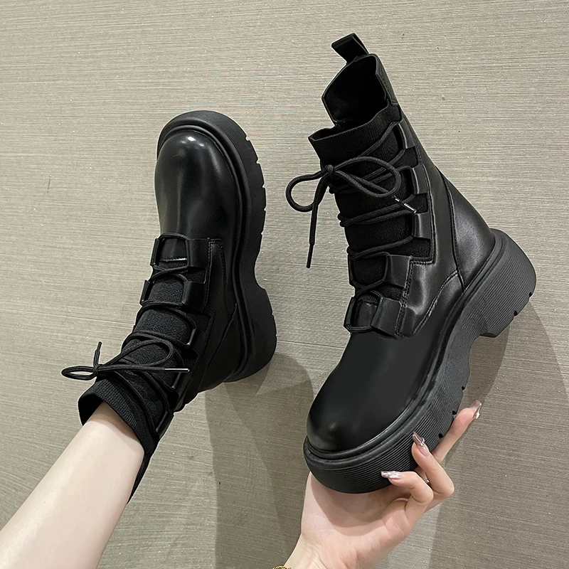 

Boots Woman 2022 New Ladies Casual Stretch Fabric Socks Boots Fashion Cross-tied Women Shoes Platform Boots Gothic Women
