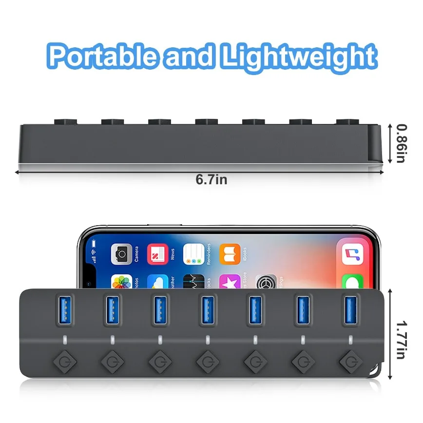 7포트 USB 허브 3.0 USB 허브 확장기 분배기, 개별 온/오프 스위치 및 조명 포함, 맥북 노트북 PC 플래시 드라이브 모바일 HDD용