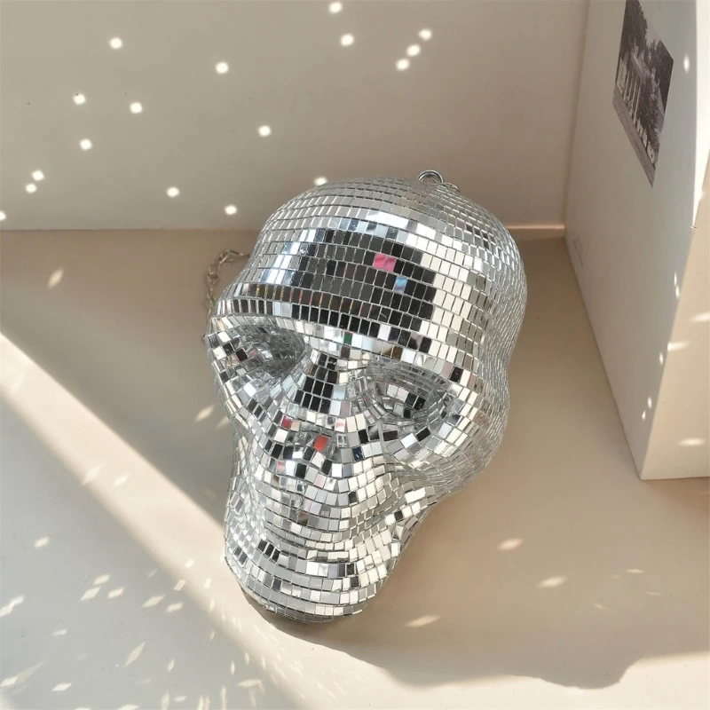 Reflective Mirrored Skull Head Ornament Hanging Chain Discos Balls Pendants for Halloween Parties and Unique Home Decors 4