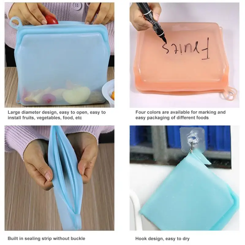 1500ml Fresh-keeping Silicone Bag Silicone Food Bag Foldable Food Storage  Bag Leak Proof Lock Bags Kitchen Organizer Gadgets - AliExpress