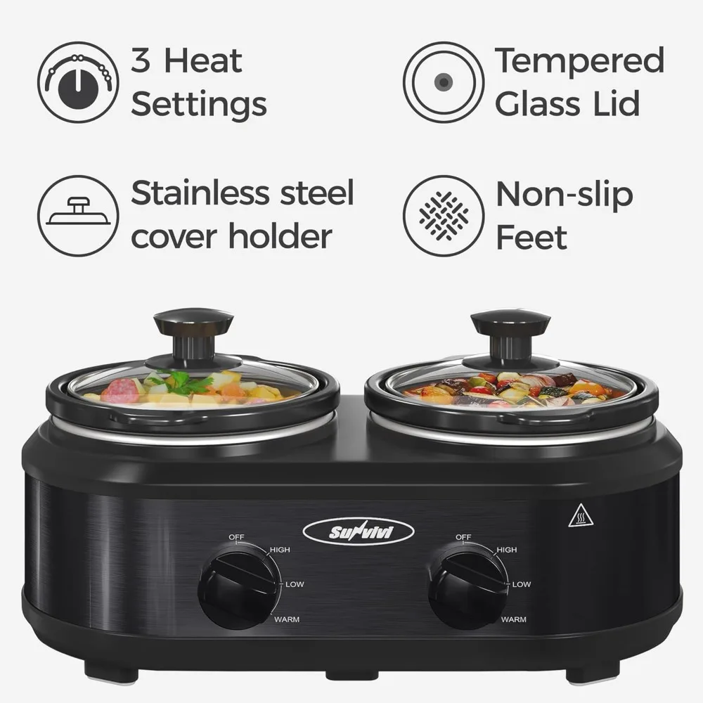 Double Slow Cooker,2 Pot Small Mini Crock Buffet Servers and Warmer,Dual Pot Oval Manual Slow Cooker