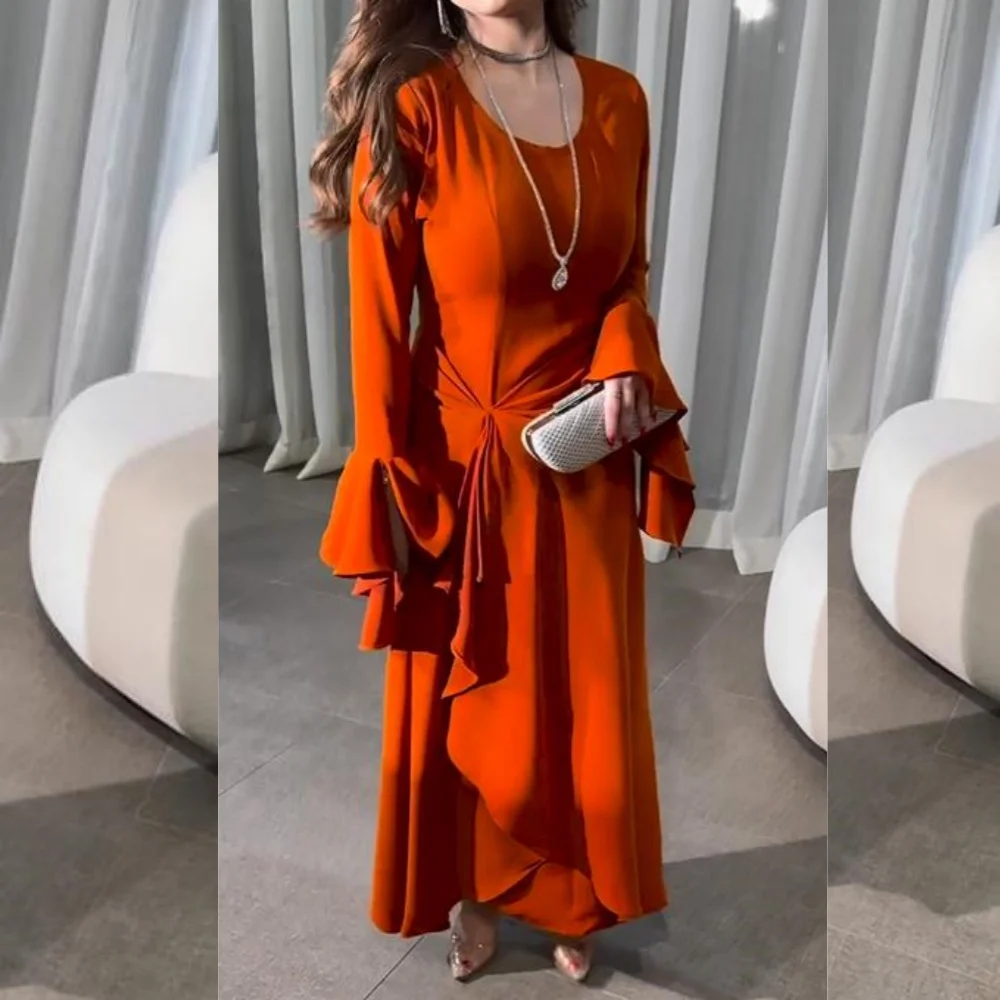Jiayigong  Jersey Draped Ruffles Pleat Celebrity A-line O-Neck Bespoke Occasion Gown Long Sleeve Dresses Saudi Arabia