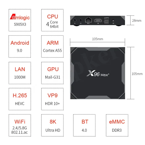 X96 Max Plus 스마트 TV 박스, 셋톱 박스, 쿼드 코어, 5G 와이파이, 안드로이드 9.0, Amlogic S905x3, 8K 미디어 플레이어, 4GB RAM, 64GB ROM, 1000M 2