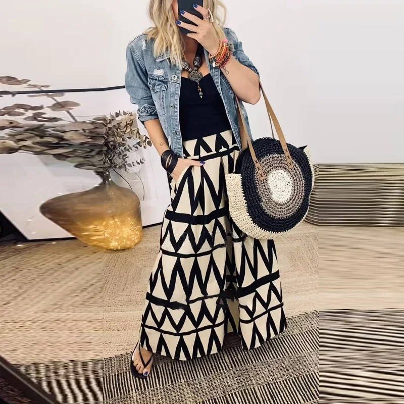 Fashion Wave Pattern Print A-Line Skirt Women Casual Boho Beach High Waist Loose Hem Skirts Ladies Commuting Elegant Long Skirt