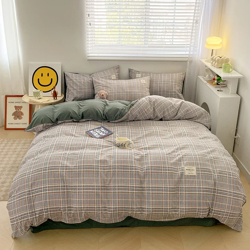 Nordic Plaid Pattern Wash Cotton Bedding Set Duvet Cover Pillowcase Bed Sheet Set Comforter Cover Bed Linens Set Queen King Size 2