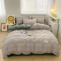 Nordic Plaid Pattern Wash Cotton Bedding Set Duvet Cover Pillowcase Bed Sheet Set Comforter Cover Bed Linens Set Queen King Size 2