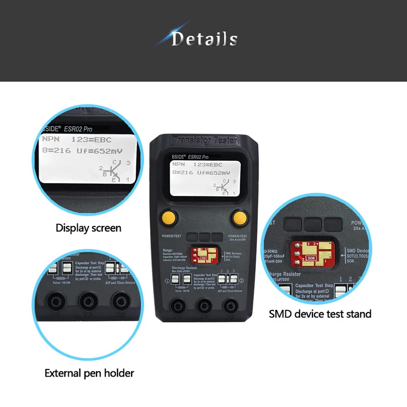 BSIDE ESR02pro Multi-purpose Transistor ESR/SMD Tester Smart Diode Triode Capacitance Resistor Meter LCD meter MOS/PNP/NPN test 3