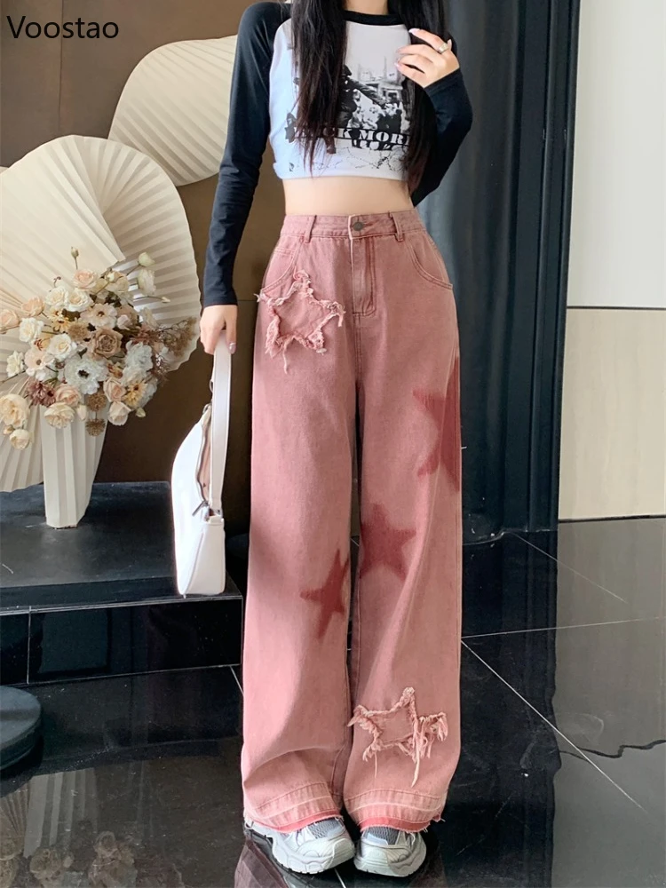 

Harajuku Jeans Autumn Women Baggy Grunge Y2k Retro Korean Style Denim Trousers Streetwear Star Embroidery Female Wide Leg Pants