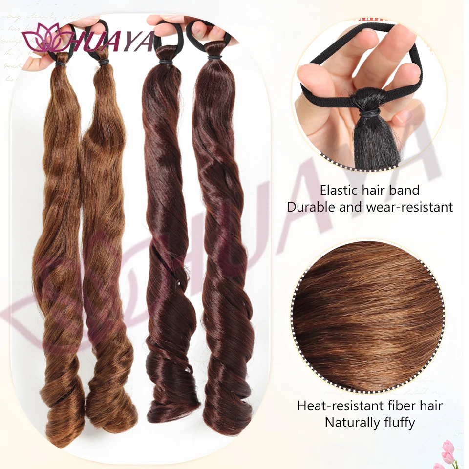 2-pack Synthetic 16Inch Long Curly Brown Black Ponytail Hair Extension Heat Resistant Ponytail Hairpiece Style for Women